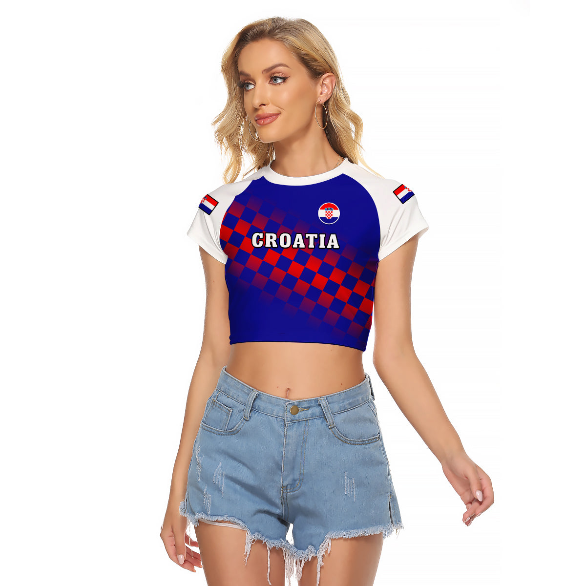 (Custom Text And Number) Croatia Football Raglan Cropped T Shirt Hrvatska Checkerboard Blue Version - Wonder Print Shop