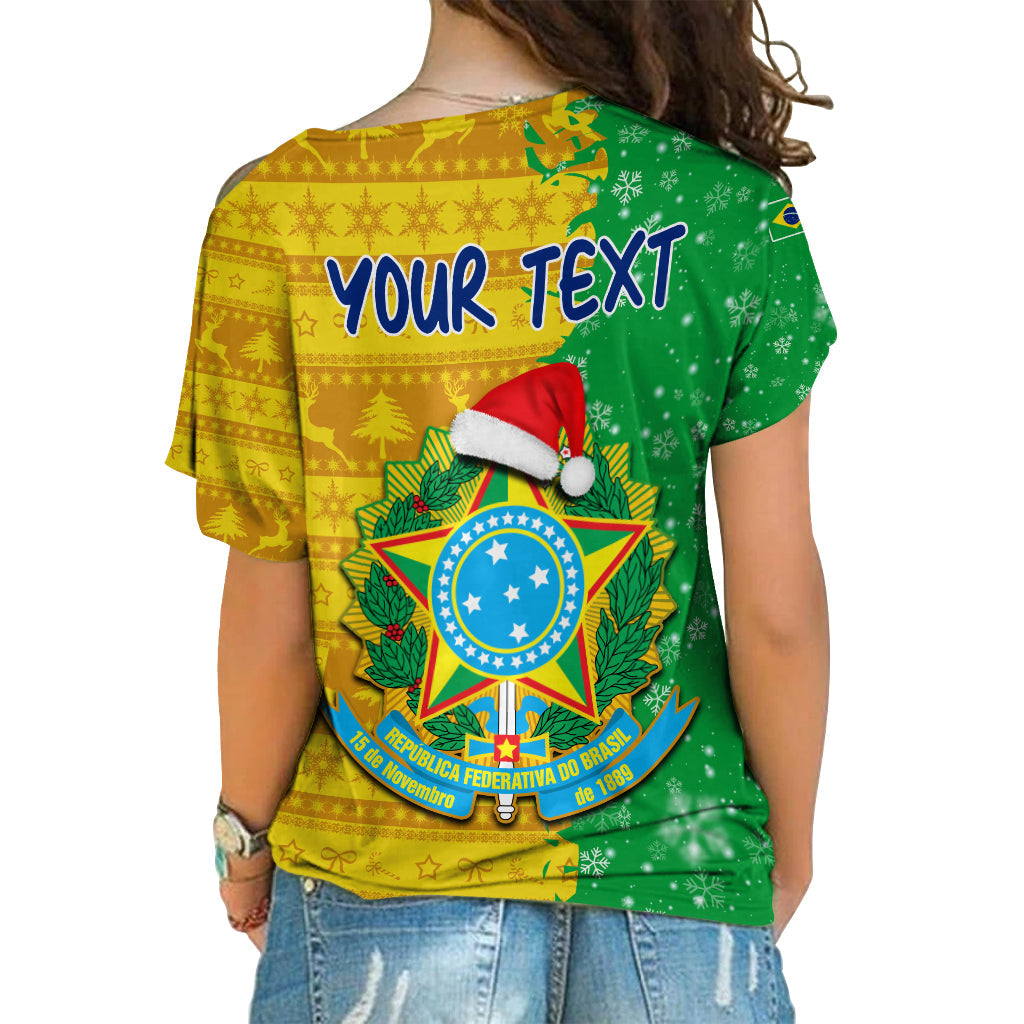Women's cold-shoulder football shirt back, green and yellow, YOUR TEXT and Brazil crest