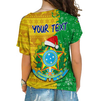 Women's cold-shoulder football shirt back, green and yellow, YOUR TEXT and Brazil crest