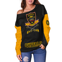 Women's off-shoulder sweater black with yellow sleeves, Buffalo Soldiers emblem and text