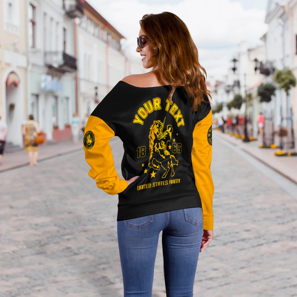 Women's off-shoulder sweater black with yellow sleeves and rear Buffalo Soldiers text graphic