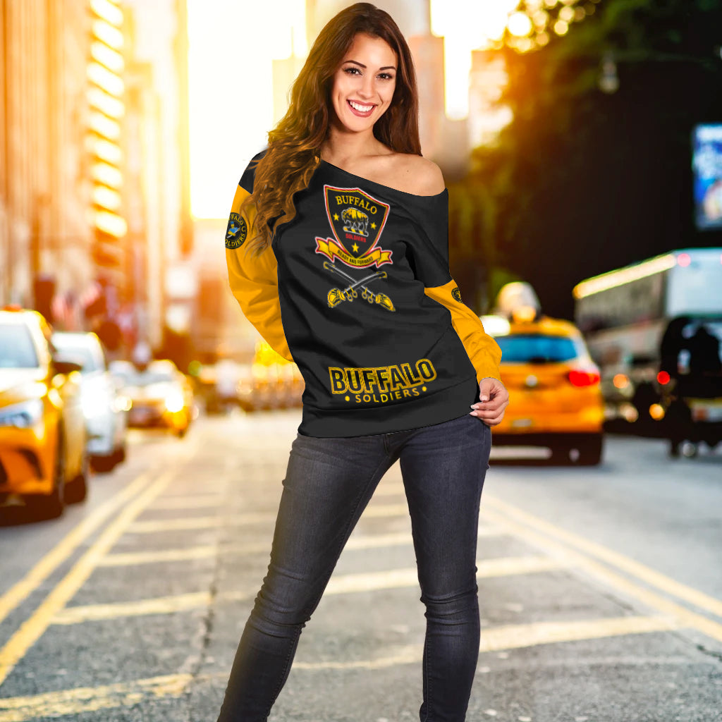 Women's off-shoulder sweater black with yellow sleeves and Buffalo Soldiers front print