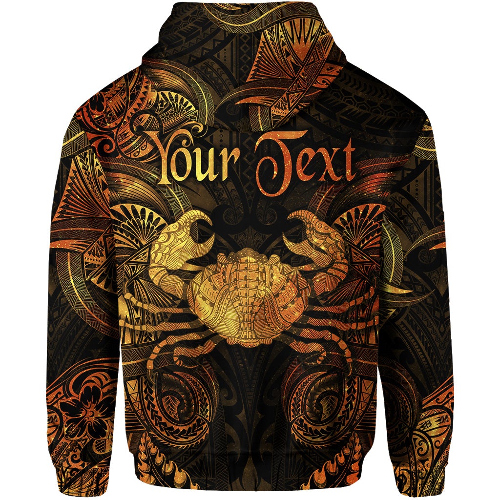 Gold zodiac Polynesian hoodie back view, black with gold-orange crab and “Your Text” print