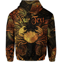 Gold zodiac Polynesian hoodie back view, black with gold-orange crab and “Your Text” print