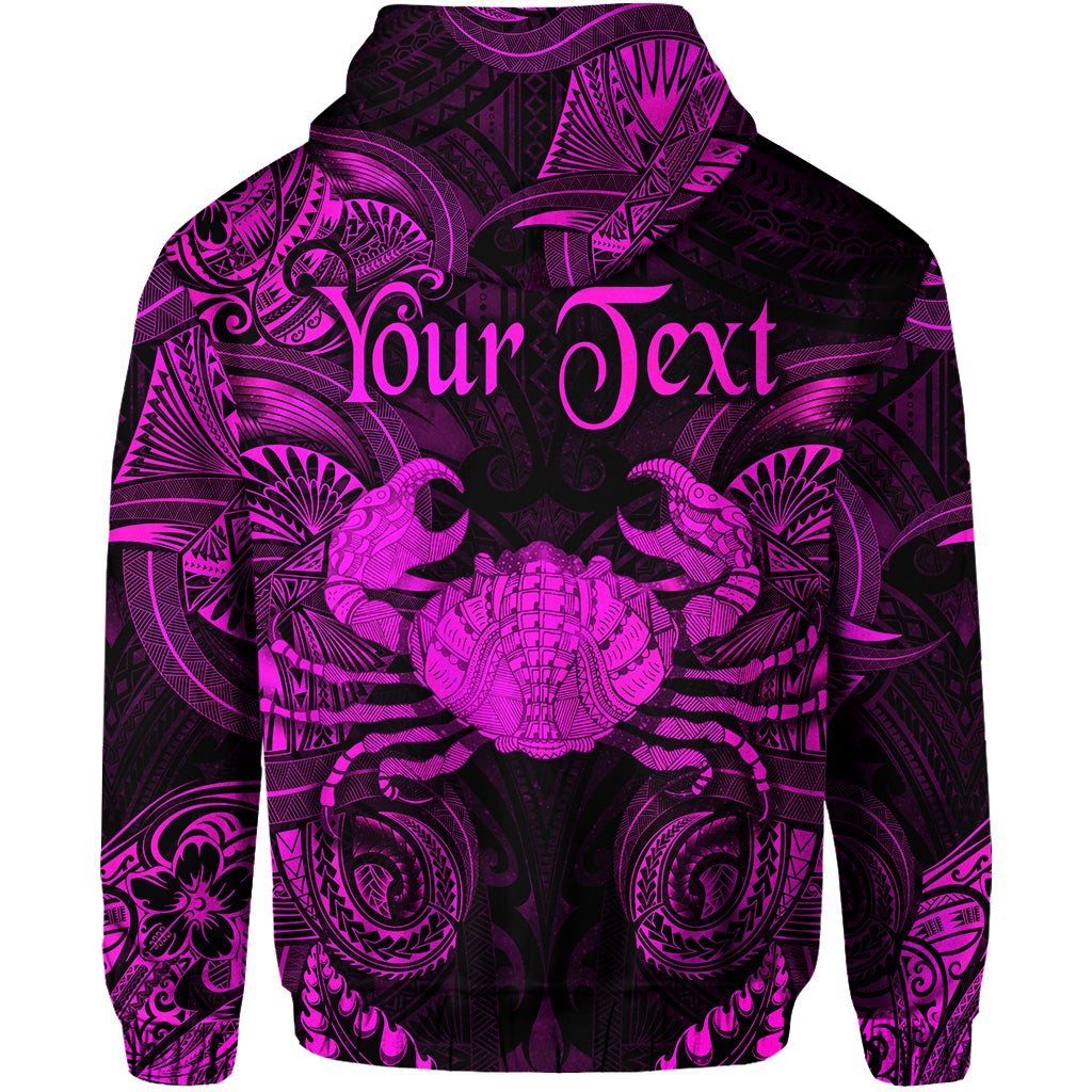 Pink zip hoodie with zodiac medallion artwork and large “Your Text” on the back