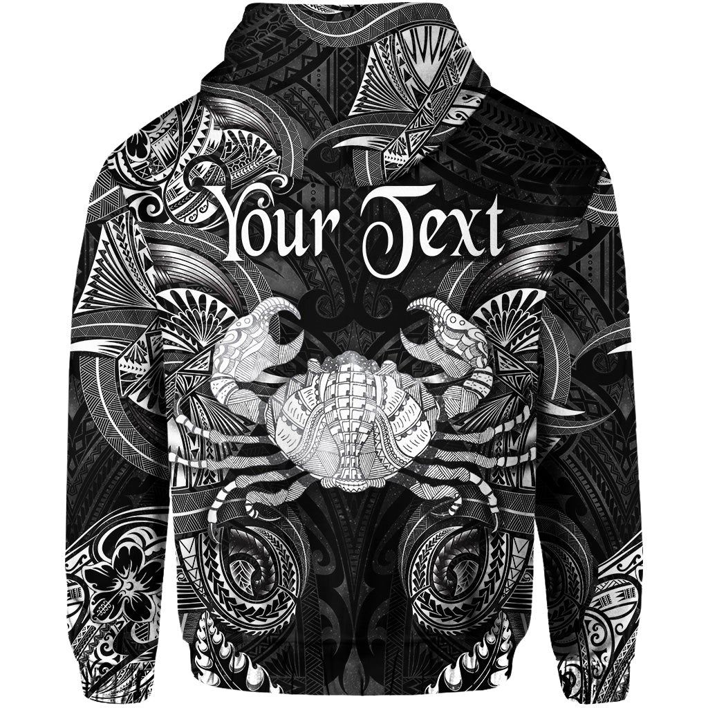 Black Polynesian hoodie with large Cancer graphic and placeholder “Your Text” on chest