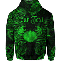 Green zip hoodie-style back with “Your Text” and Cancer crab zodiac print across shoulders