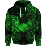 Green hoodie with Cancer zodiac graphic, crab motif, and front hooded sweatshirt design