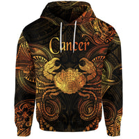 Gold Cancer zodiac Polynesian hoodie, black with gold-orange crab graphic and drawstring hood