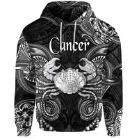 Black Cancer zodiac Polynesian hoodie with white graphic print and hood drawstrings
