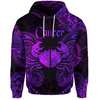 Purple zip hoodie with Cancer text, Polynesian tribal pattern, front view, drawstring hood