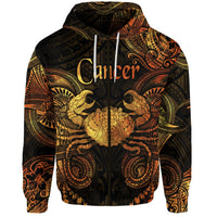 Gold zip hoodie with Polynesian cancer zodiac front graphic, black drawstring hood
