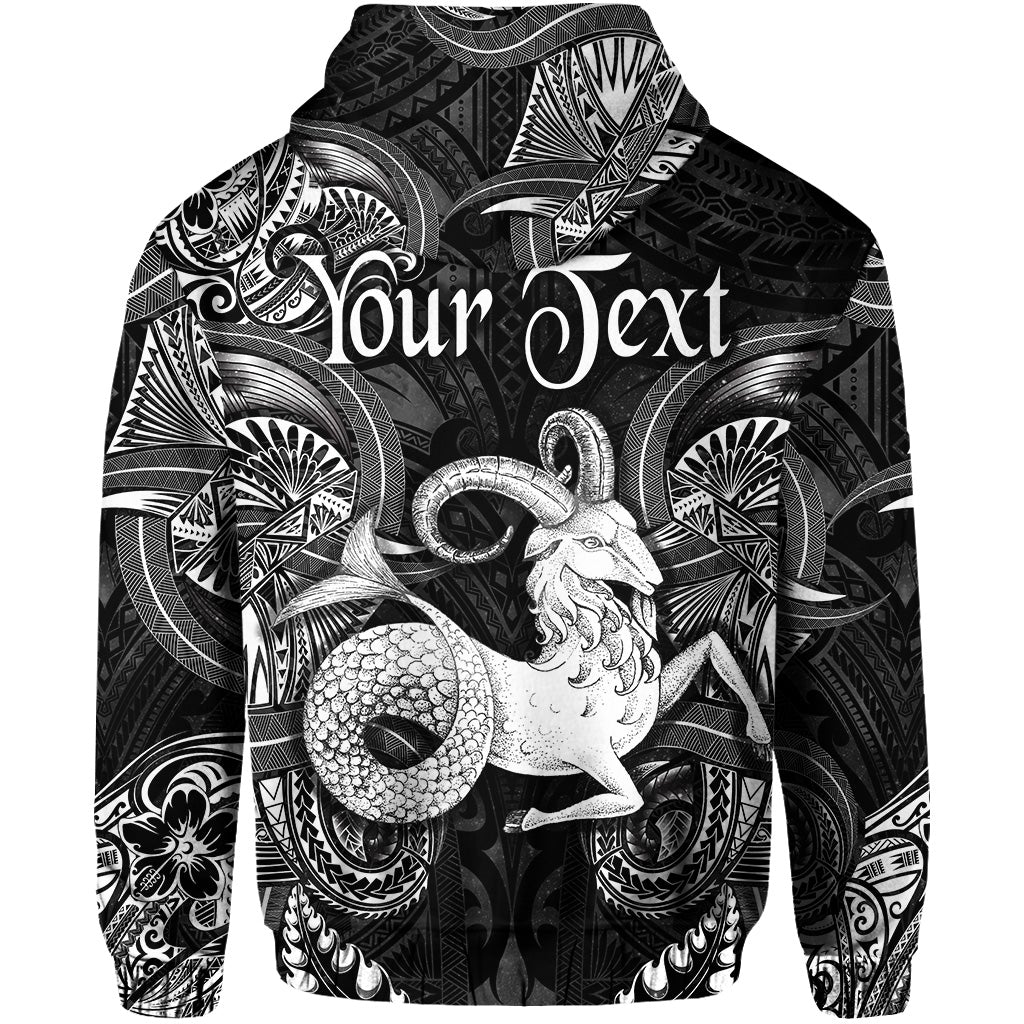 Black zip hoodie front view, detailed goat Capricorn illustration in tribal pattern