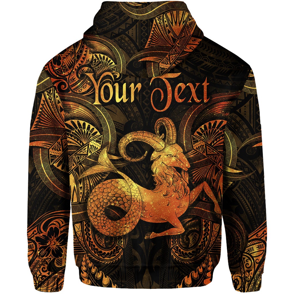 Back view zip hoodie, dark base with gold/orange Capricorn artwork and 'Your Text' print