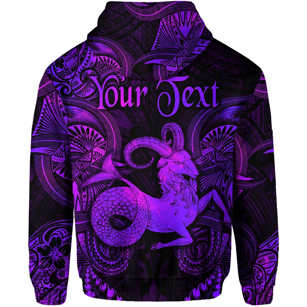 Purple hoodie back with polynesian Capricorn graphic and 'Your Text' lettering, hood