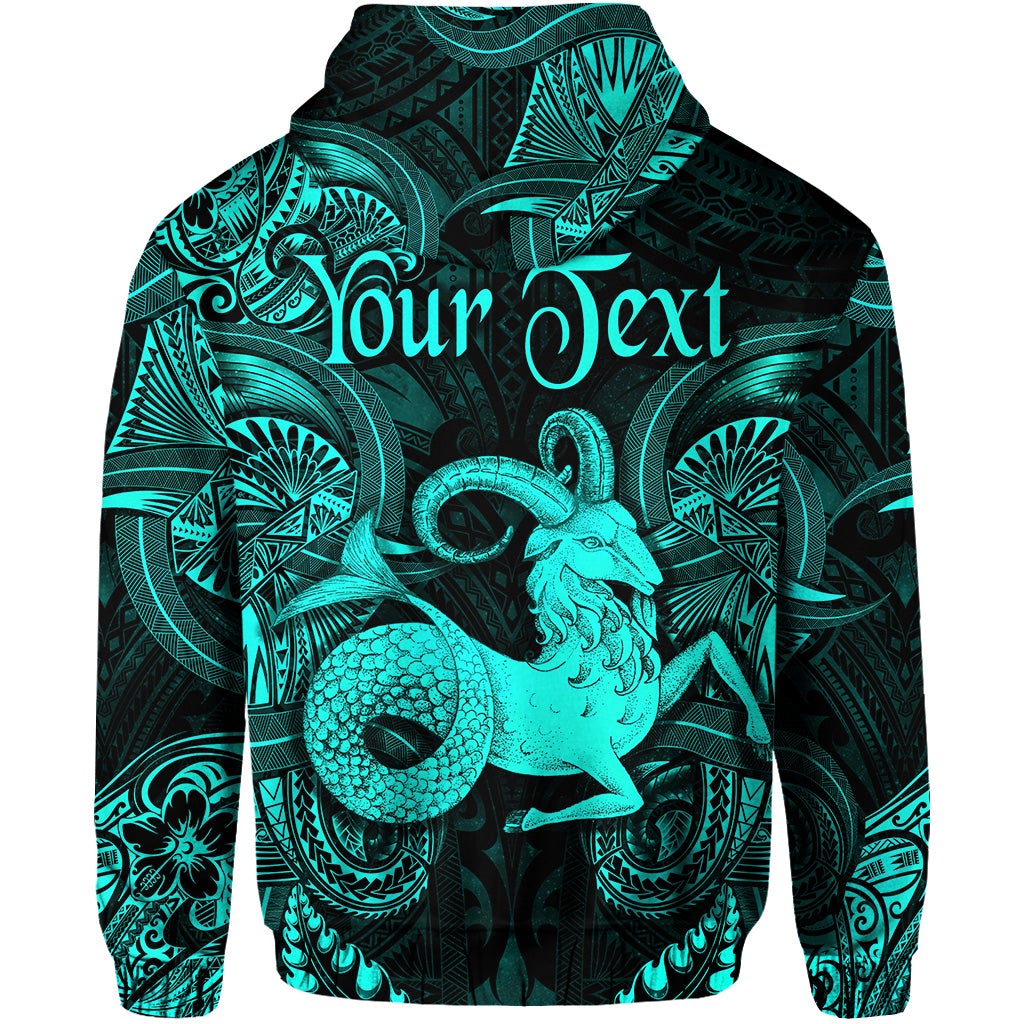 Turquoise Capricorn hoodie with hood, back zodiac print and 'Your Text'