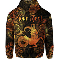 Gold Capricorn polynesian hoodie back, 'Your Text' graphic over draped patterns