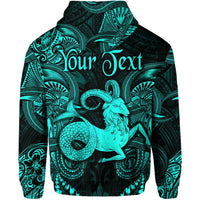 Turquoise zip hoodie with Capricorn Polynesian graphic and 'Your Text' on back