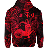 Capricorn zodiac hoodie back: dark base with red polynesian graphic