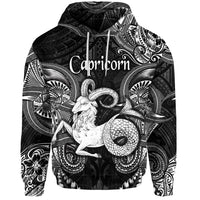Black hoodie with Capricorn zodiac Polynesian front print and drawstring hood