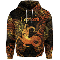 Gold Capricorn polynesian hoodie, front with hood and drawstrings