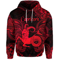 Capricorn zodiac hoodie: dark base with red polynesian ram graphic and drawstring hood