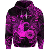 Capricorn-Zodiac Hoodie mit Kapuze, schwarzer Stoff und pinker Tribal-Print vorn