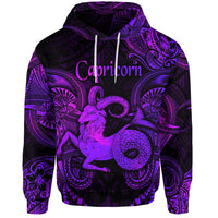 Purple Capricorn polynesian hoodie with front graphic and 'Capricorn' text, hood strings