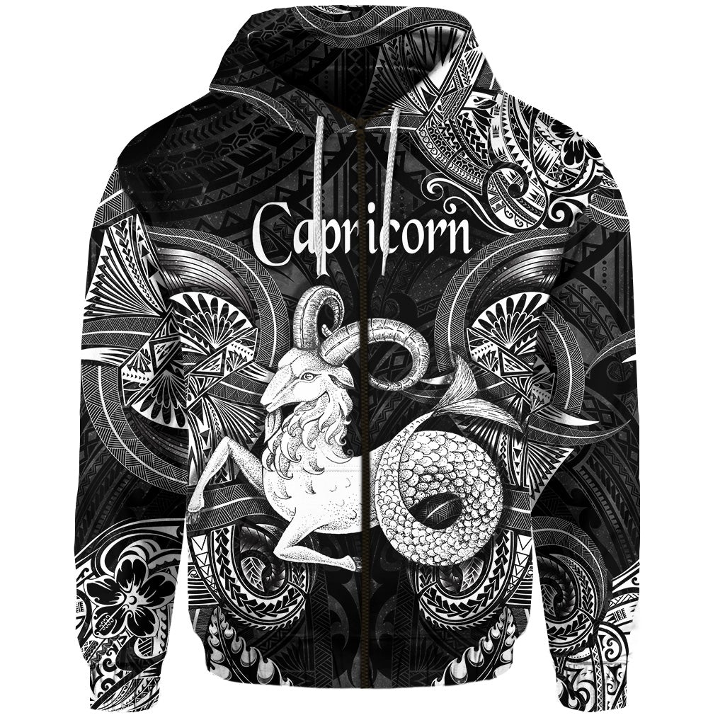 Capricorn Zodiac Polynesian Zip Hoodie Unique Style Black LT8 - Wonder Print Shop