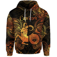 Zip hoodie in dark with gold Capricorn zodiac print and front zipper, hood strings