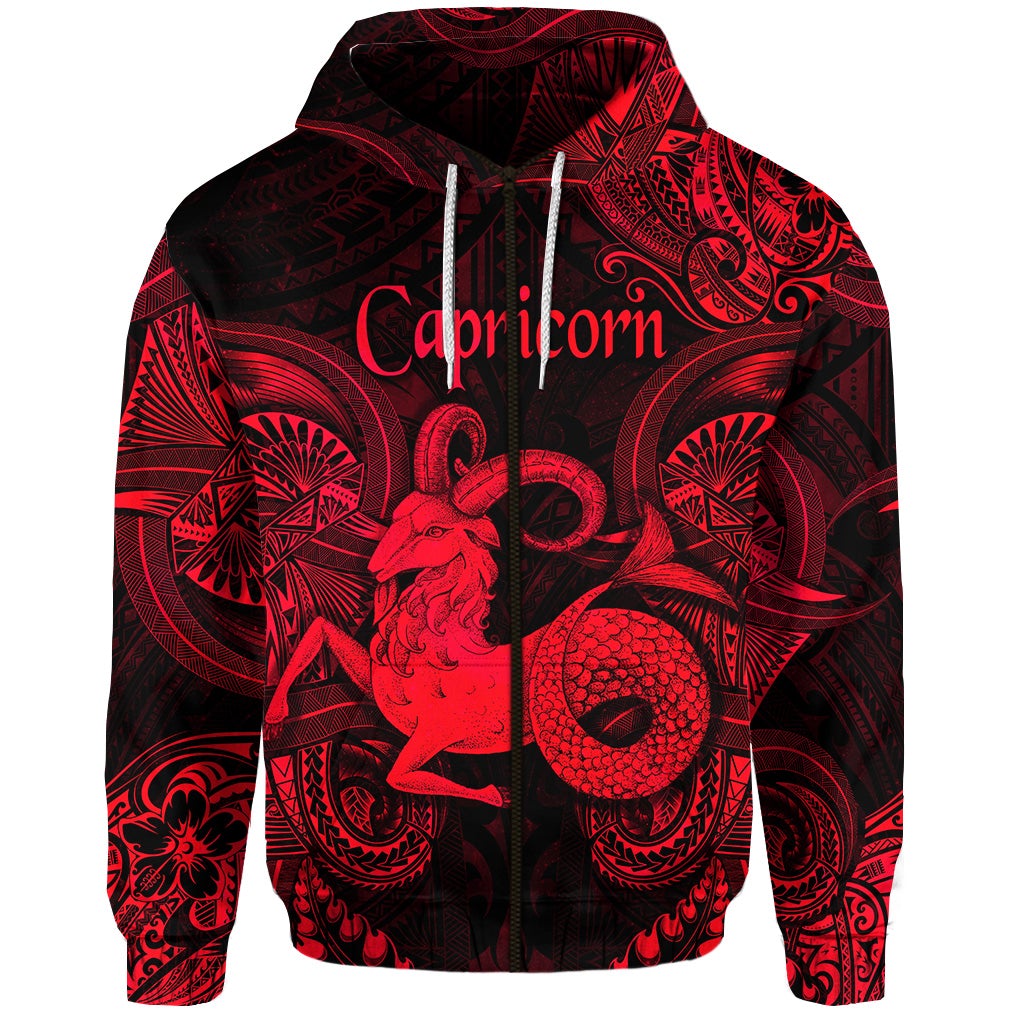 Capricorn Zodiac Polynesian Zip Hoodie Unique Style Red LT8 - Wonder Print Shop