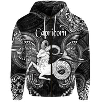 Black zip hoodie with Capricorn zodiac graphic and ornate Polynesian patterns