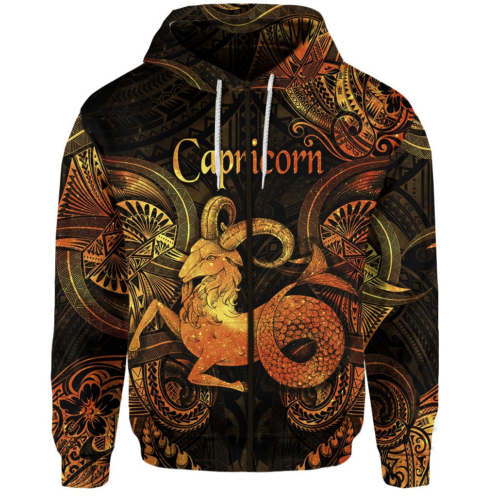 Capricorn Zodiac Polynesian Zip Hoodie Unique Style Gold LT8 - Wonder Print Shop