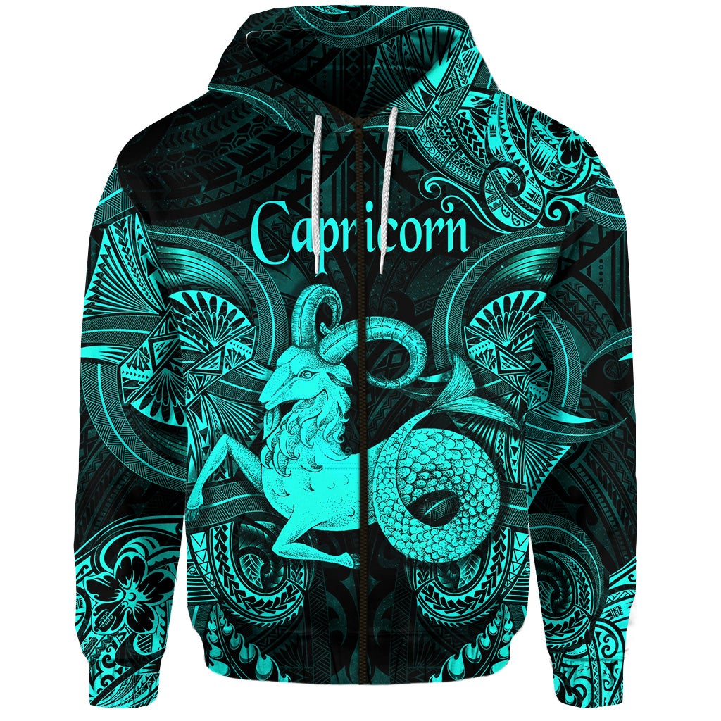 Custom Capricorn Zodiac Polynesian Zip Hoodie Unique Style Turquoise LT8 - Wonder Print Shop
