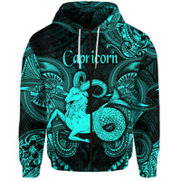 Turquoise zip hoodie with Capricorn zodiac Polynesian graphic, front view, hood