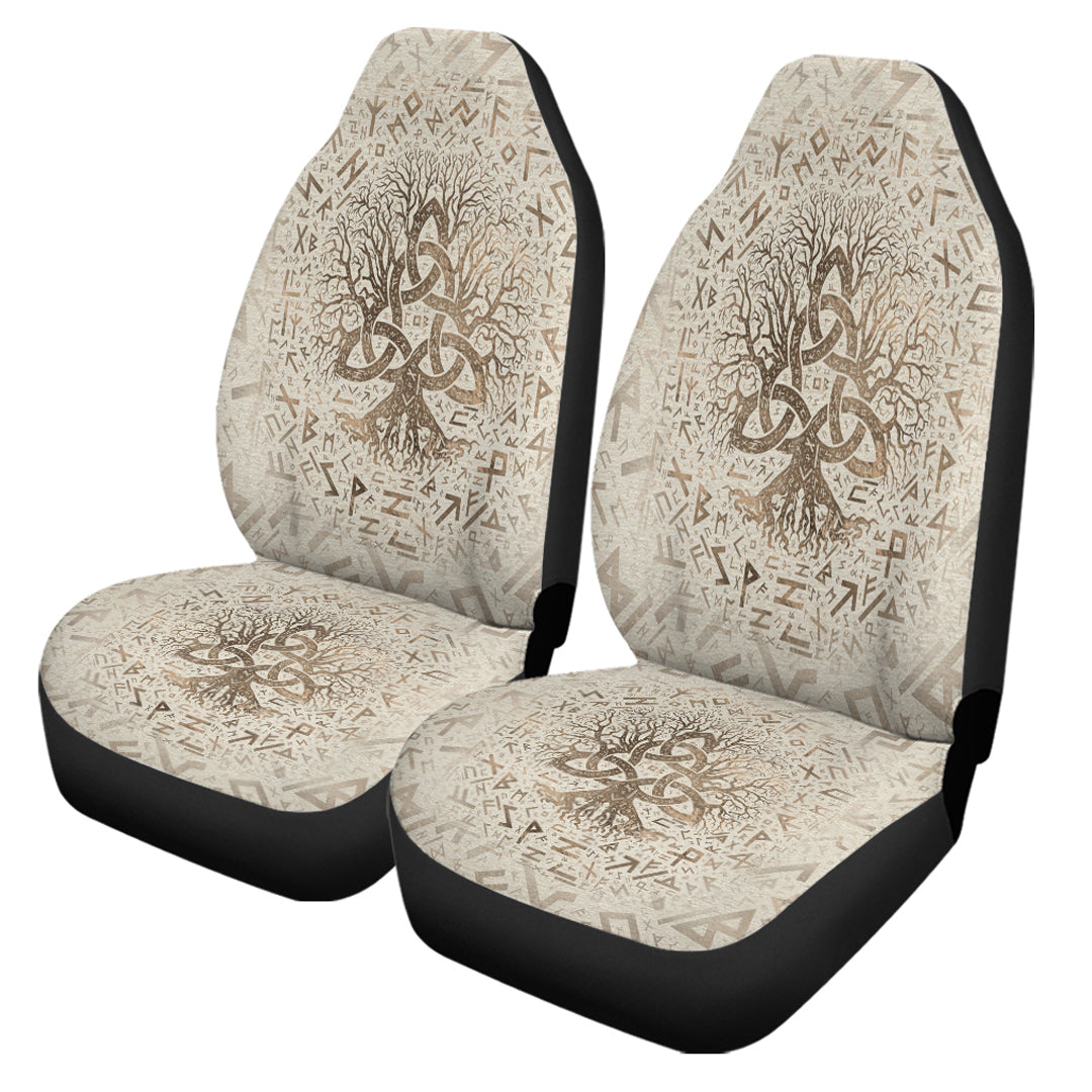Viking Car Seat Covers Tree Of Life with Triquetra and Futhark Pastel Gold Car Seat Covers RLT12 - Wonder Print Shop