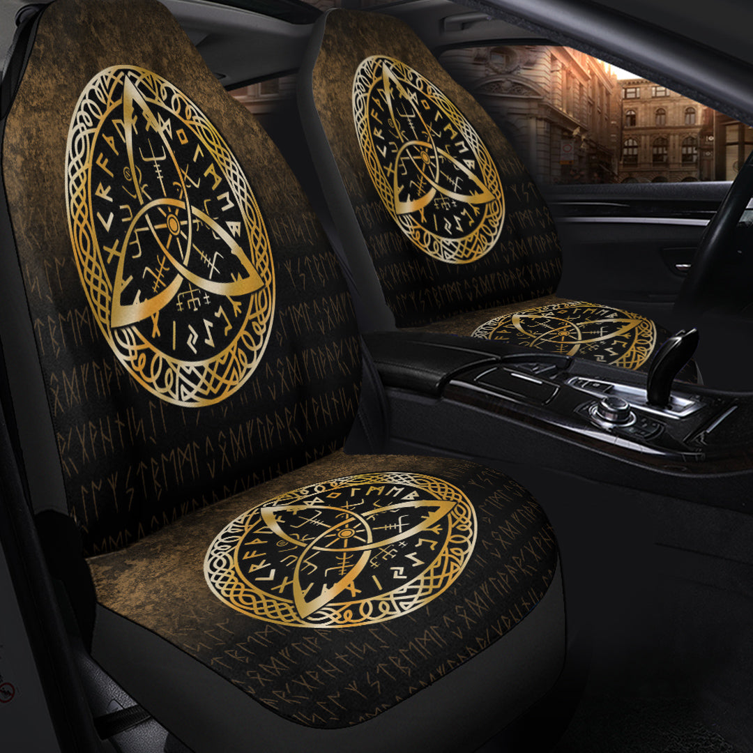 Viking Car Seat Covers Vegvisir Nordic Viking Rune Gold Version Car Seat Covers RLT12 - Wonder Print Shop