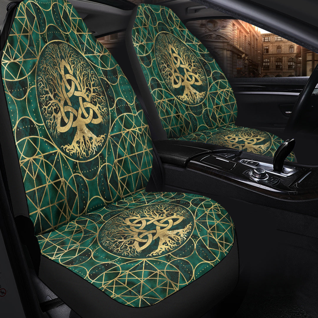 Viking Car Seat Covers Tree Of Life with Triquetra Malachite and Gold Car Seat Covers RLT12 - Wonder Print Shop