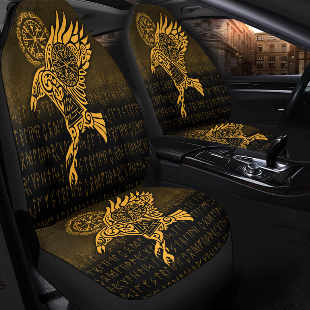 Viking Car Seat Covers Raven Vegvisir Tattoo Gold Version Car Seat Covers RLT12 - Wonder Print Shop