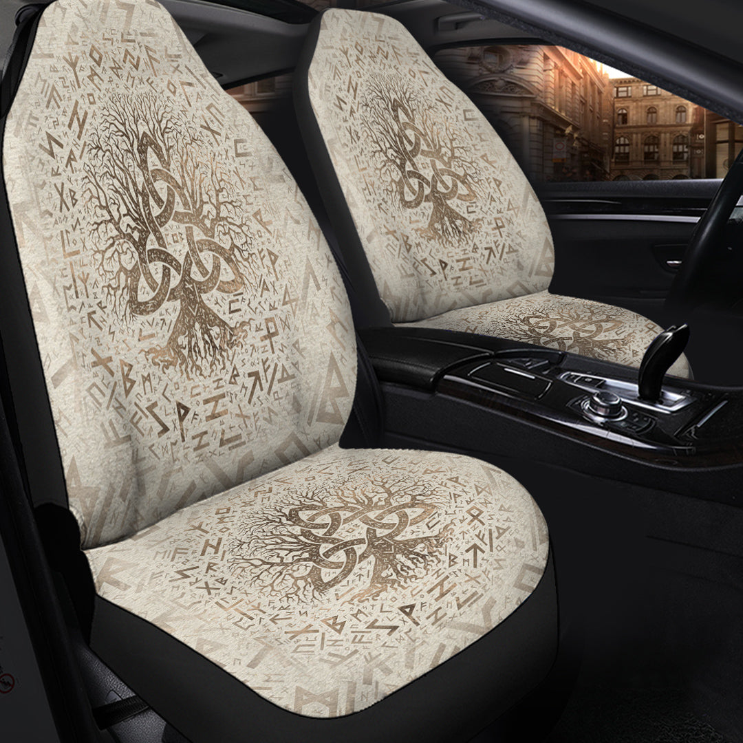 Viking Car Seat Covers Tree Of Life with Triquetra and Futhark Pastel Gold Car Seat Covers RLT12 - Wonder Print Shop