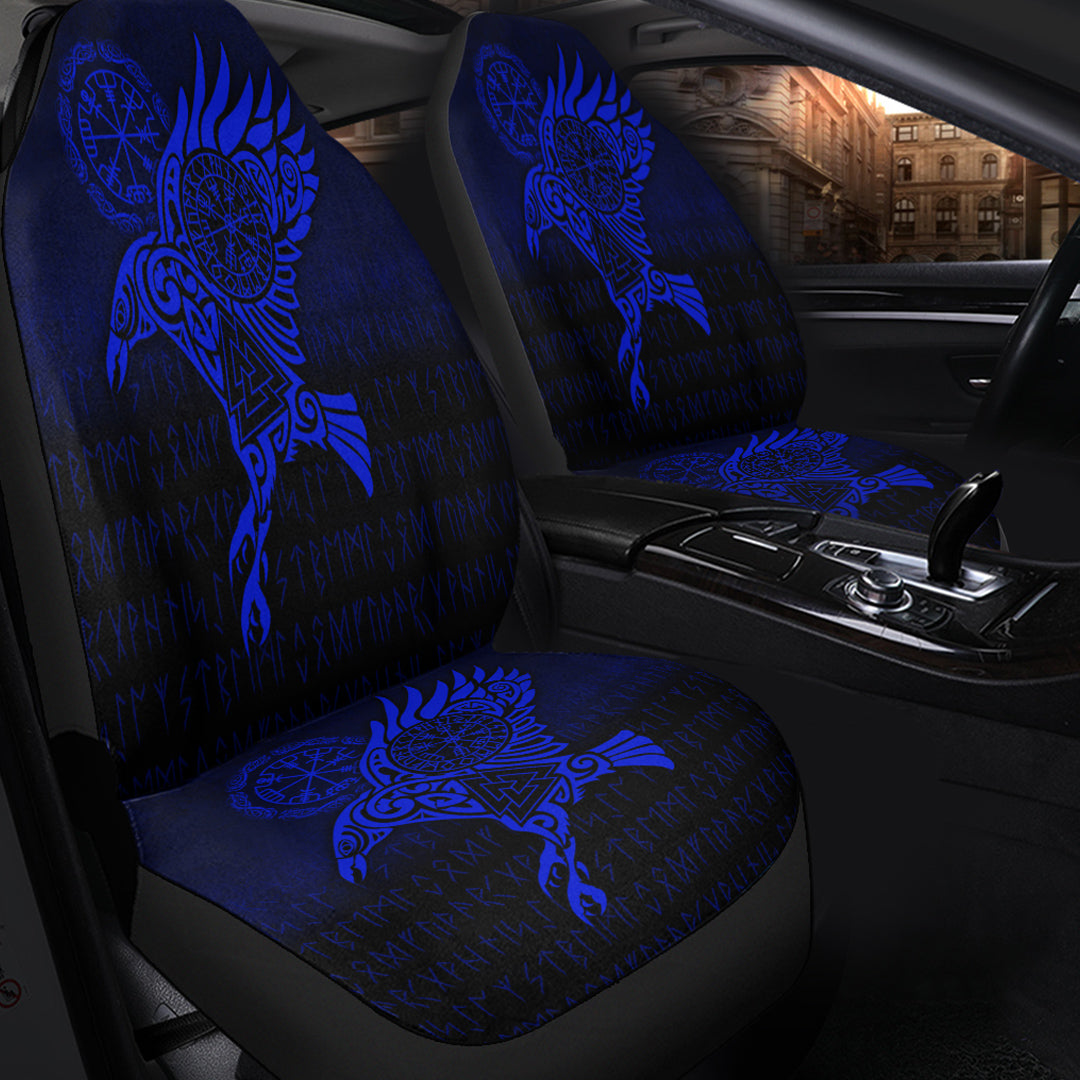 Viking Car Seat Covers Raven Vegvisir Tattoo Blue Version Car Seat Covers RLT12 - Wonder Print Shop