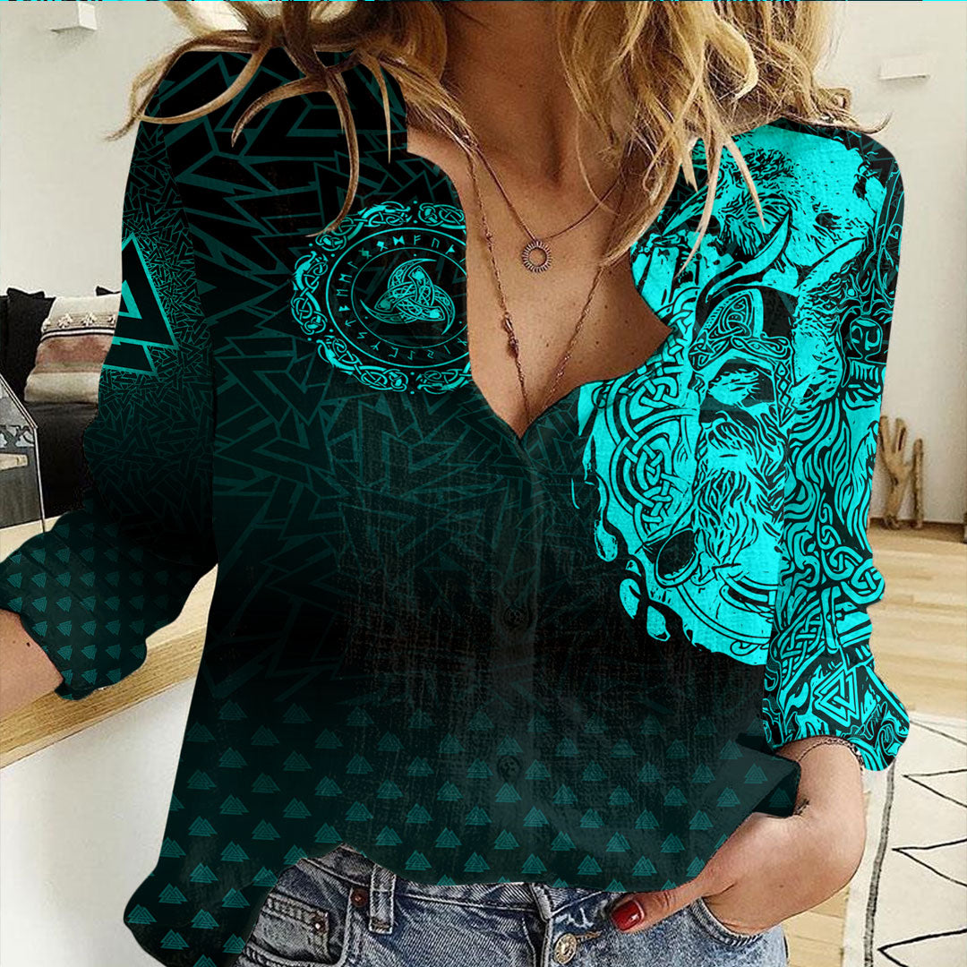 Viking Clothing Viking Odin Raven Tattoo Style Cyan Version Casual Shirt RLT12 - Wonder Print Shop