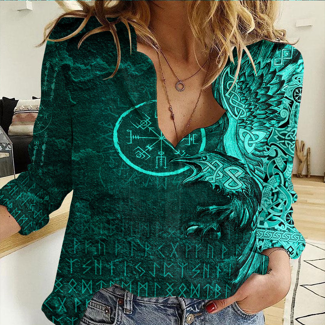 Viking Clothing Vegvisir With Raven Viking Compass Casual Shirt Cyan Version RLT12 - Wonder Print Shop