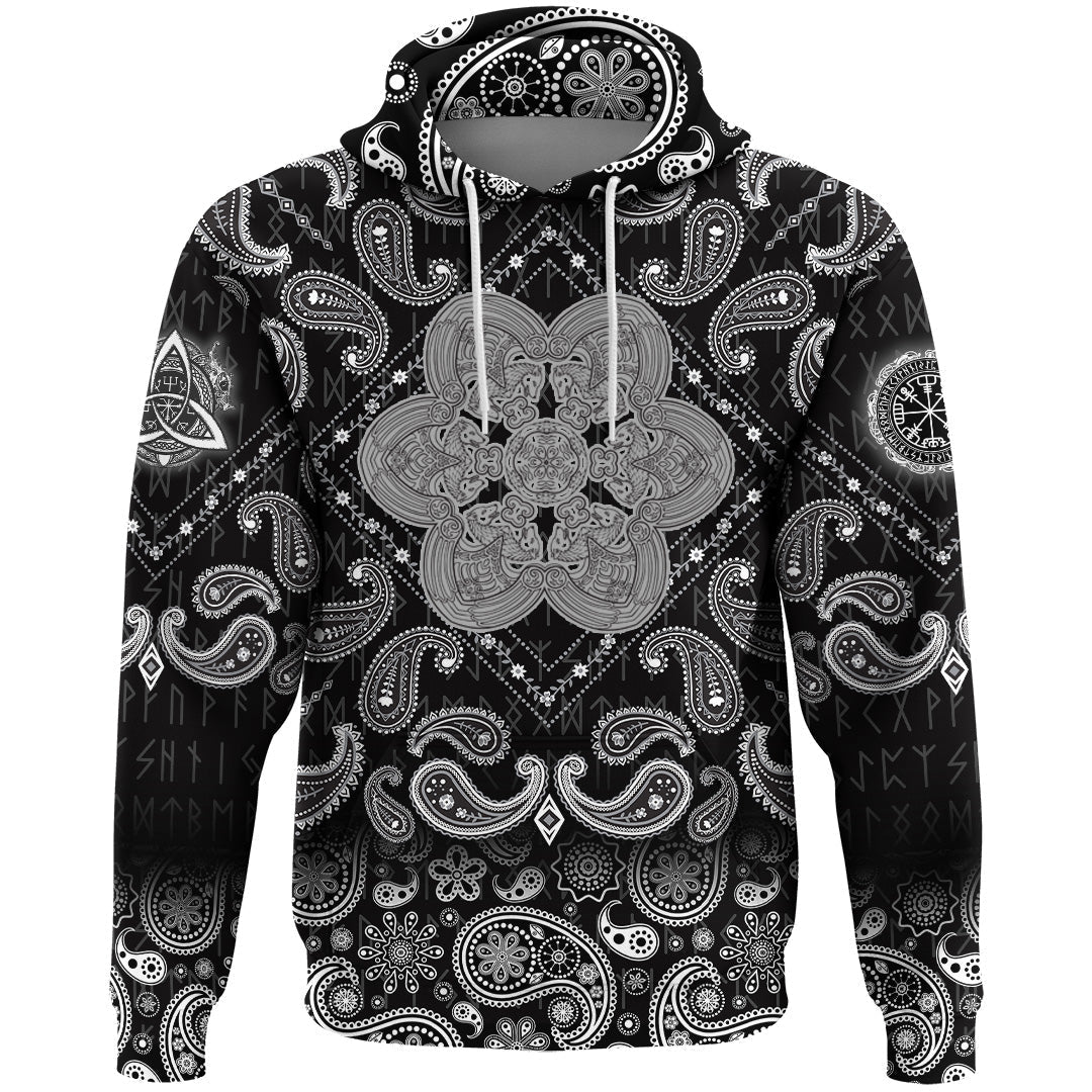 Viking Hoodie Celtic Wolf Ornament Black and White with Bandana Paisley Style RLT12 - Wonder Print Shop