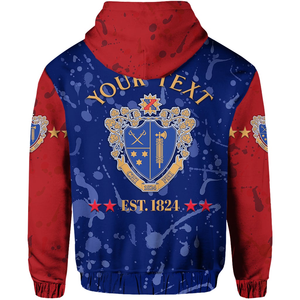 Custom Chi Phi hoodie back: blue with red hood, crest, 'EST. 1824' and stars