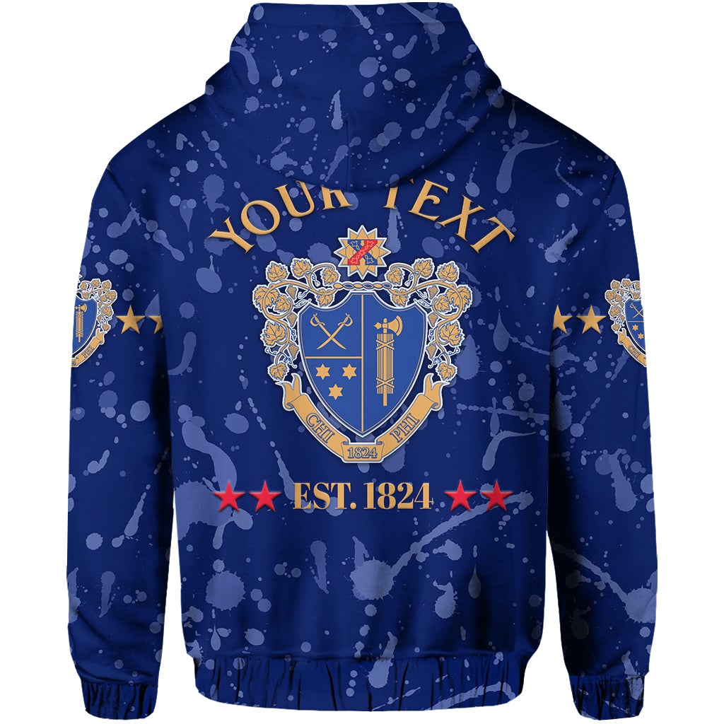Back of Chi Phi pullover hoodie, light blue with large crest and text design