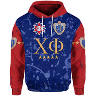 Custom Chi Phi hoodie, blue/red with drawstring hood and large front crest graphic