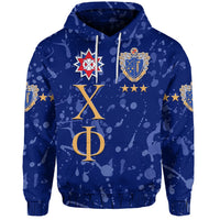 Custom Chi Phi pullover hoodie in light blue with front graphic and drawstring hood