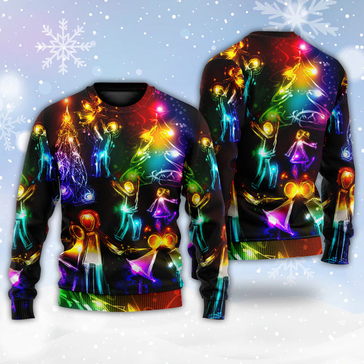 Christmas Family Happy Love Tree Neon Light Ugly Christmas Sweater - Wonder Print Shop