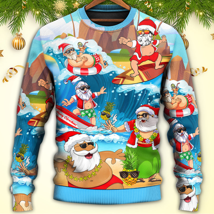 Christmas Santa Claus Play On The Beach Mele Kalikimaka Ugly Christmas Sweater - Wonder Print Shop